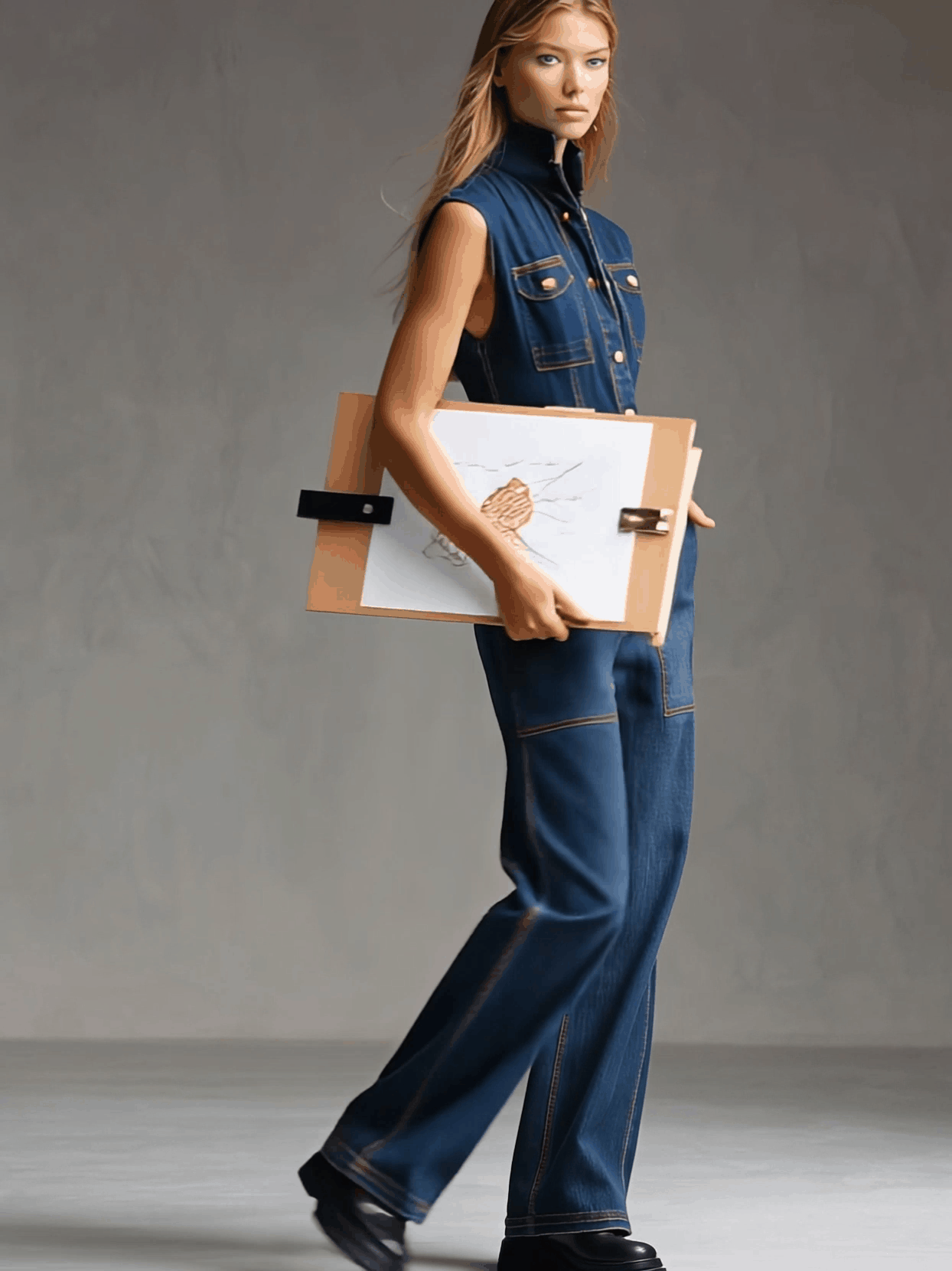 Casual Retro Multi-pocket Topstitching Dark Blue Denim Sleeveless Balloon Jumpsuit