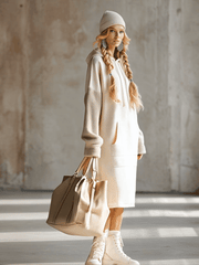 Fashionable Loose Hooded Polar Fleece Sleeve Beige Sweatshirt Midi Dress