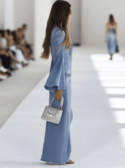 Casual Retro Light Blue Denim Flared Long-Sleeved Wide-Leg Raw Edge Jumpsuit