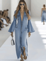 Casual Retro Light Blue Denim Flared Long-Sleeved Wide-Leg Raw Edge Jumpsuit