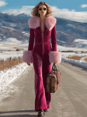 Fashion Retro Rose Red Velvet Faux Fur Collar Long Sleeve Flared Jumpsuit