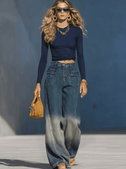 Casual Fashion Gradient Washed Denim Blue Gray Loose Pants