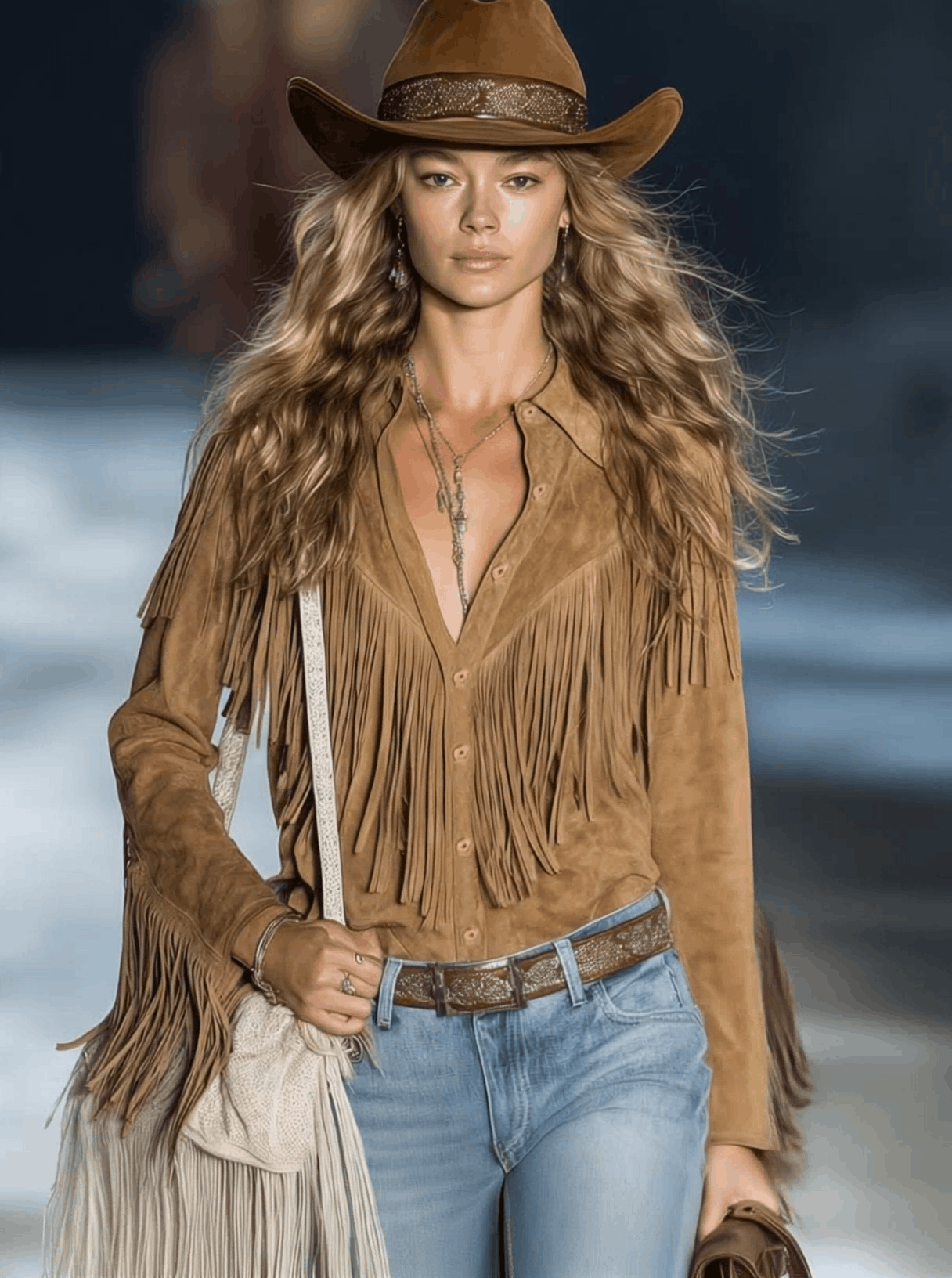 Casual Vintage Western Button Front Tassel Long Sleeve Light Brown Fuax Suede Shirt Top
