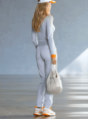 Fashionable Sporty Gray-blue Long-sleeved Half-zip Top And Trousers Set