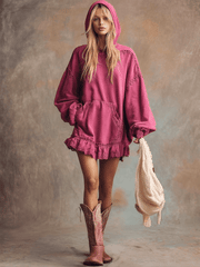Elegant Retro Sporty Lace Trim And Ruffled Hem Rose Pink Cotton Hooded Style Mini Dress