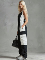 Casual Retro Sporty Black And White Color-blocked V-neck Half-zip Jumpsuit
