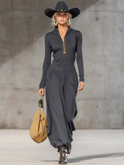 Casual Retro Sports Dark Gray Half-high Collar Front Zipper Long-sleeved Top And Wide Pants Set