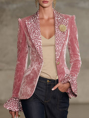 Lapel Contrast Leopard Print Velvet Blazer