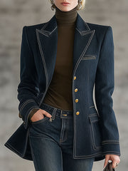 Fashion Retro Topstitched Navy Blue Denim Jacket