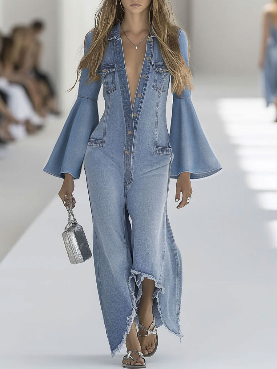 Casual Retro Light Blue Denim Flared Long-Sleeved Wide-Leg Raw Edge Jumpsuit