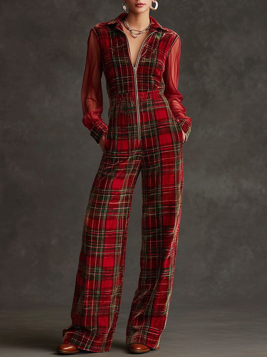 Retro Long-sleeved Mesh Red And Green Plaid Velvet Wide-leg Jumpsuit