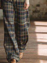 Classic Retro Blue Plaid Side-button Wide-leg Overalls