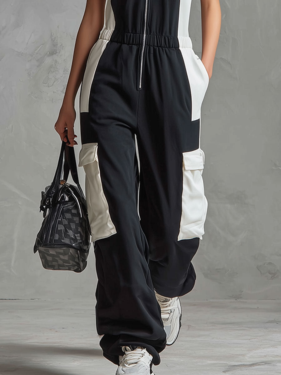 Casual Retro Sporty Black And White Color-blocked V-neck Half-zip Jumpsuit