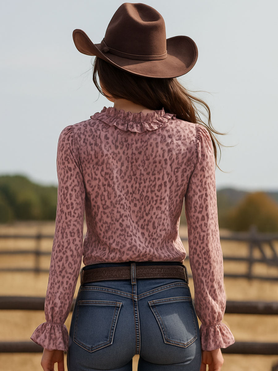 Pink Leopard Chiffon With Ruffled Lace V-neck Long-sleeved Shirt