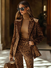 Casual Vintage Velvet Leopard Print Lapel Pocket Blazer