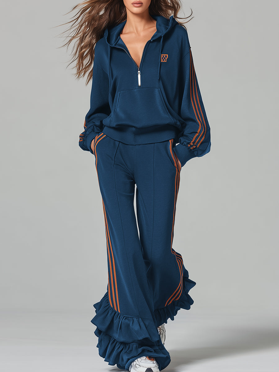 Casual Ruffle Trim Dark Blue Hooded Sweatshirt And Trousers Sports Set